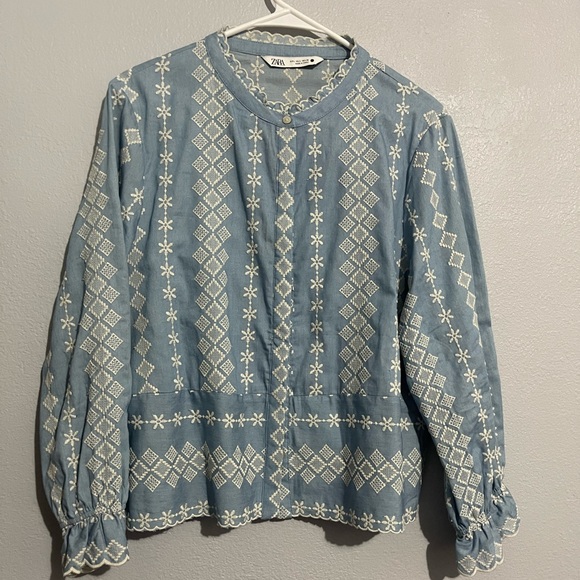 Zara blue cotton jacket with white thread work embroidery. - Picture 3 of 12